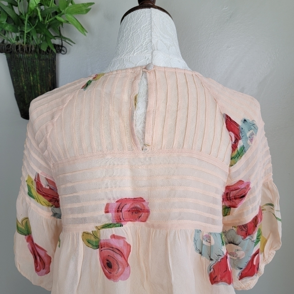 Anthropologie Boho Top One Fine Day Tea Rose Floral Sheer Pleated Pin Tucked S - Picture 8 of 16